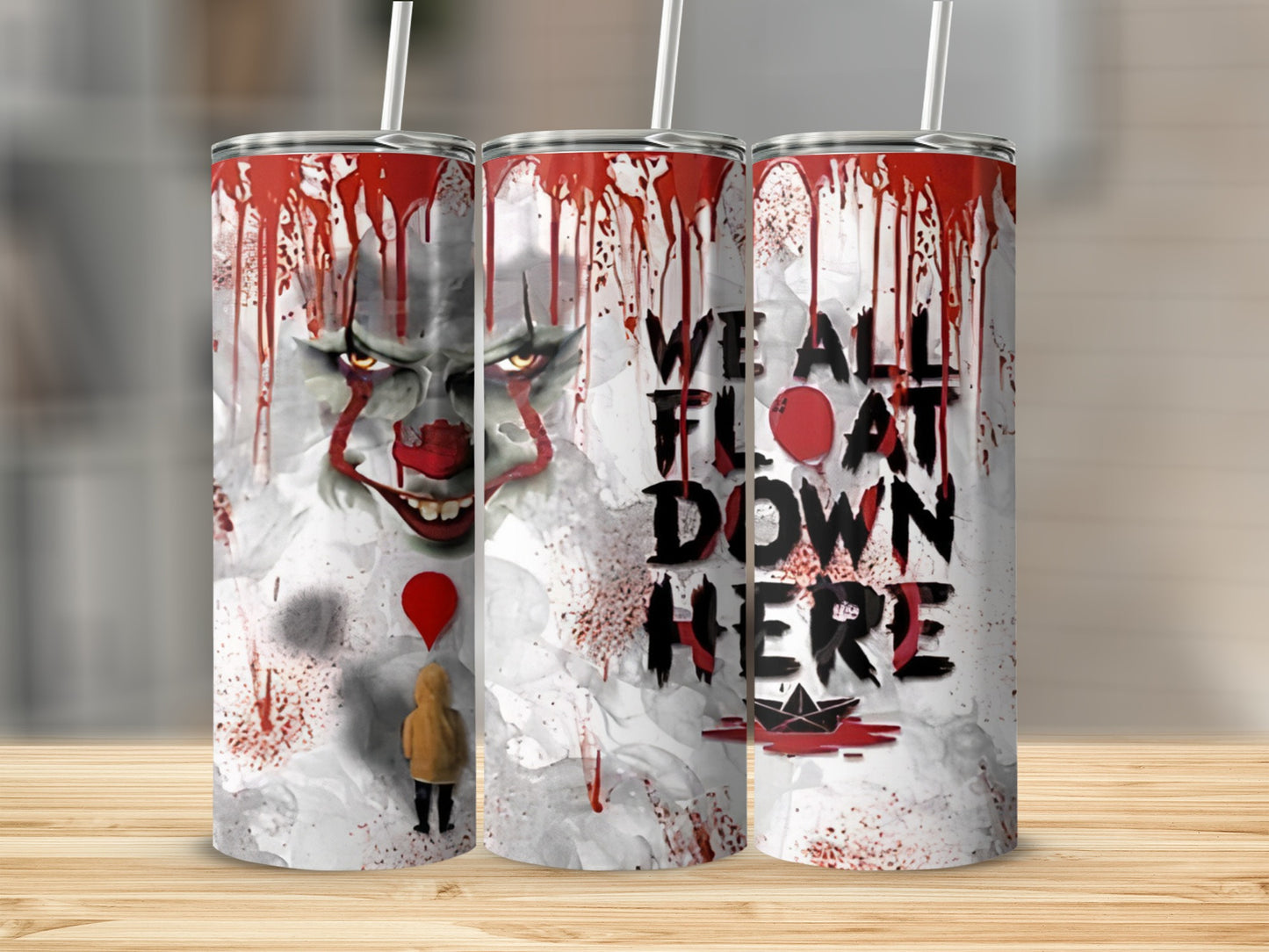 Pennywise the clown and child with red balloon on tumblers with bloody text.