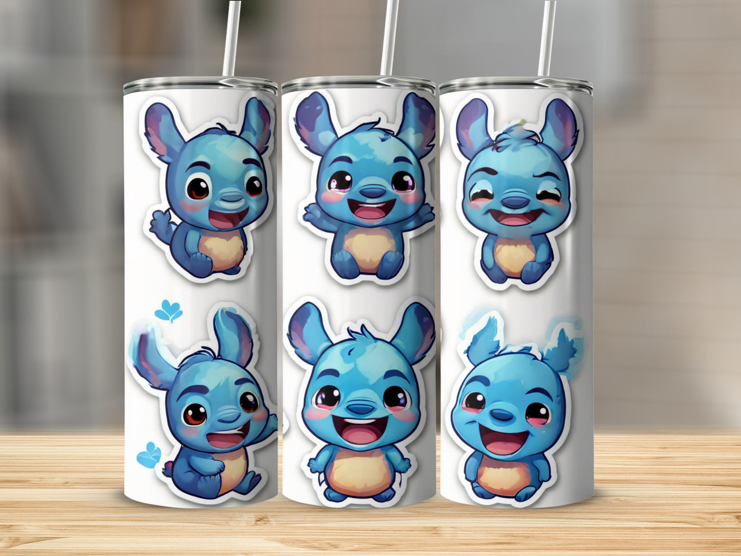 Six cartoon blue creatures with large ears in various playful poses.