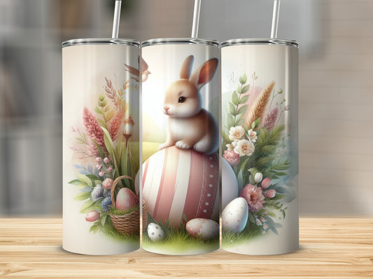 Easter bunny on striped egg with spring flowers and basket.