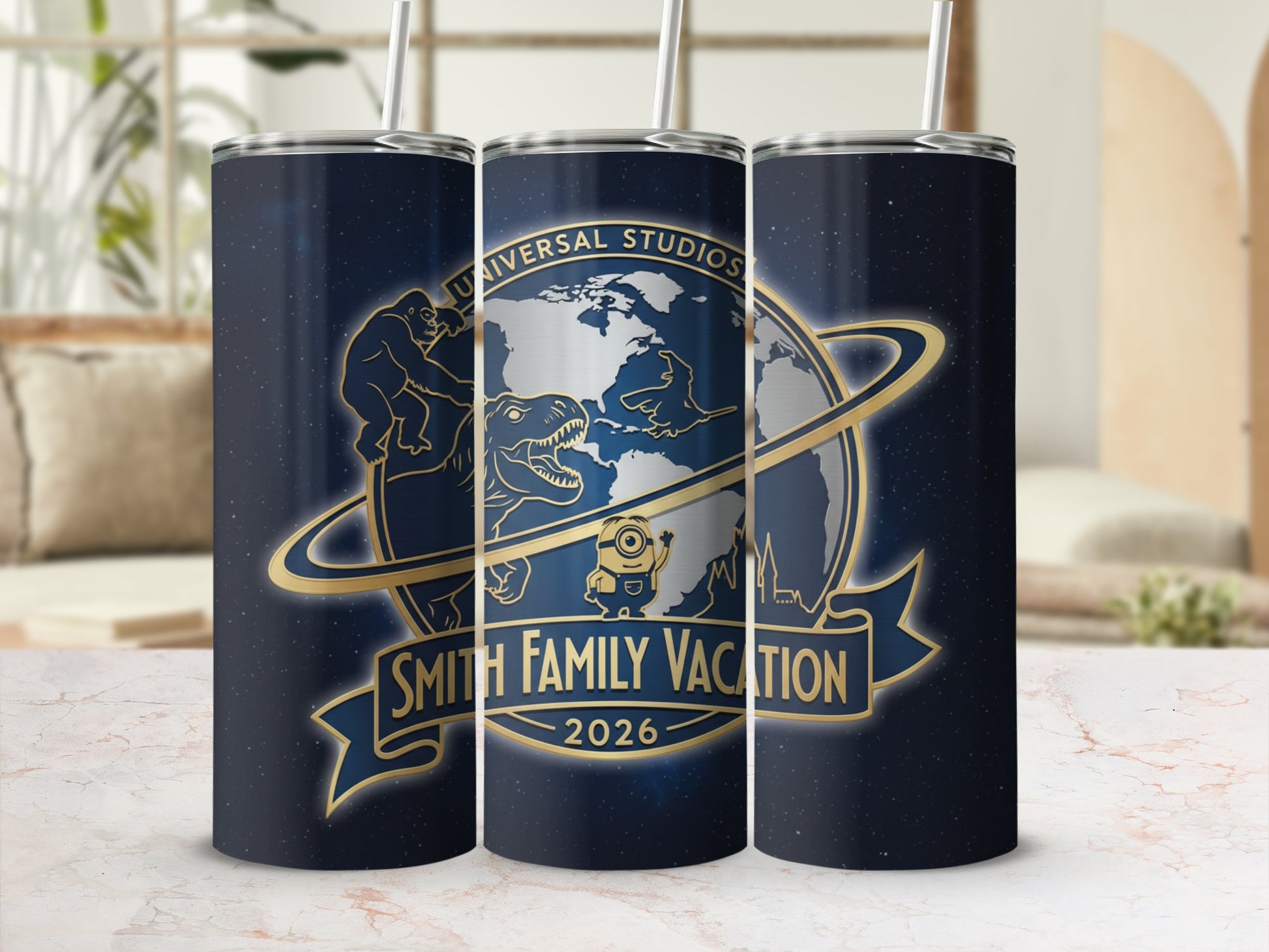 Smith Family Vacation 2026 Universal Studios tumbler with globe and characters.