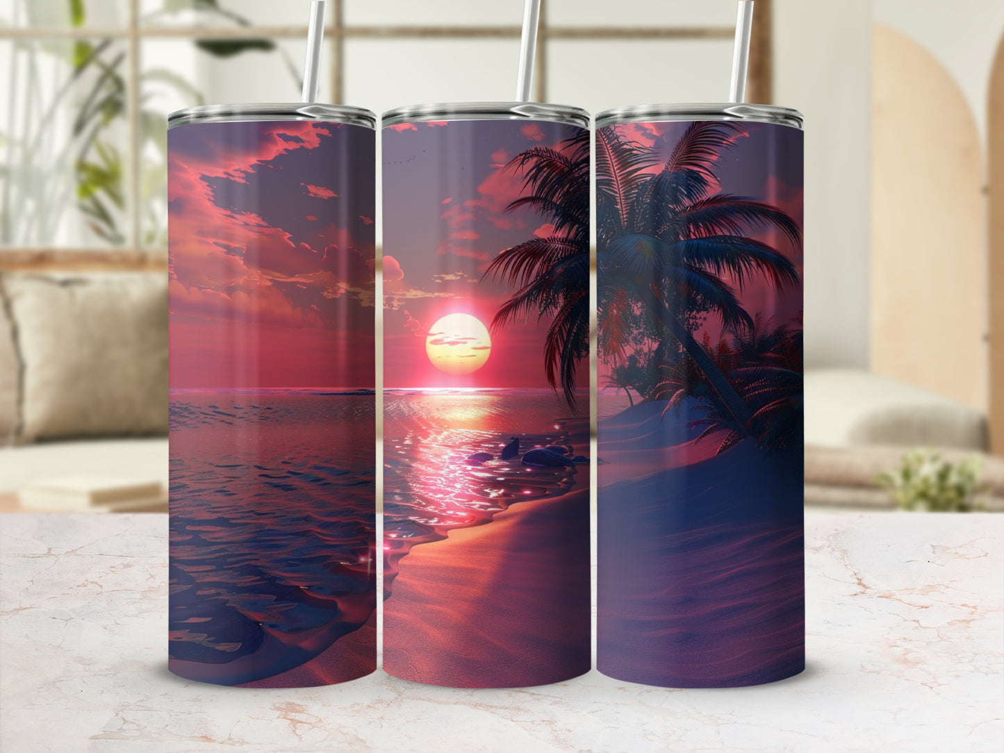 Three tumblers with a sunset beach scene on a textured surface.