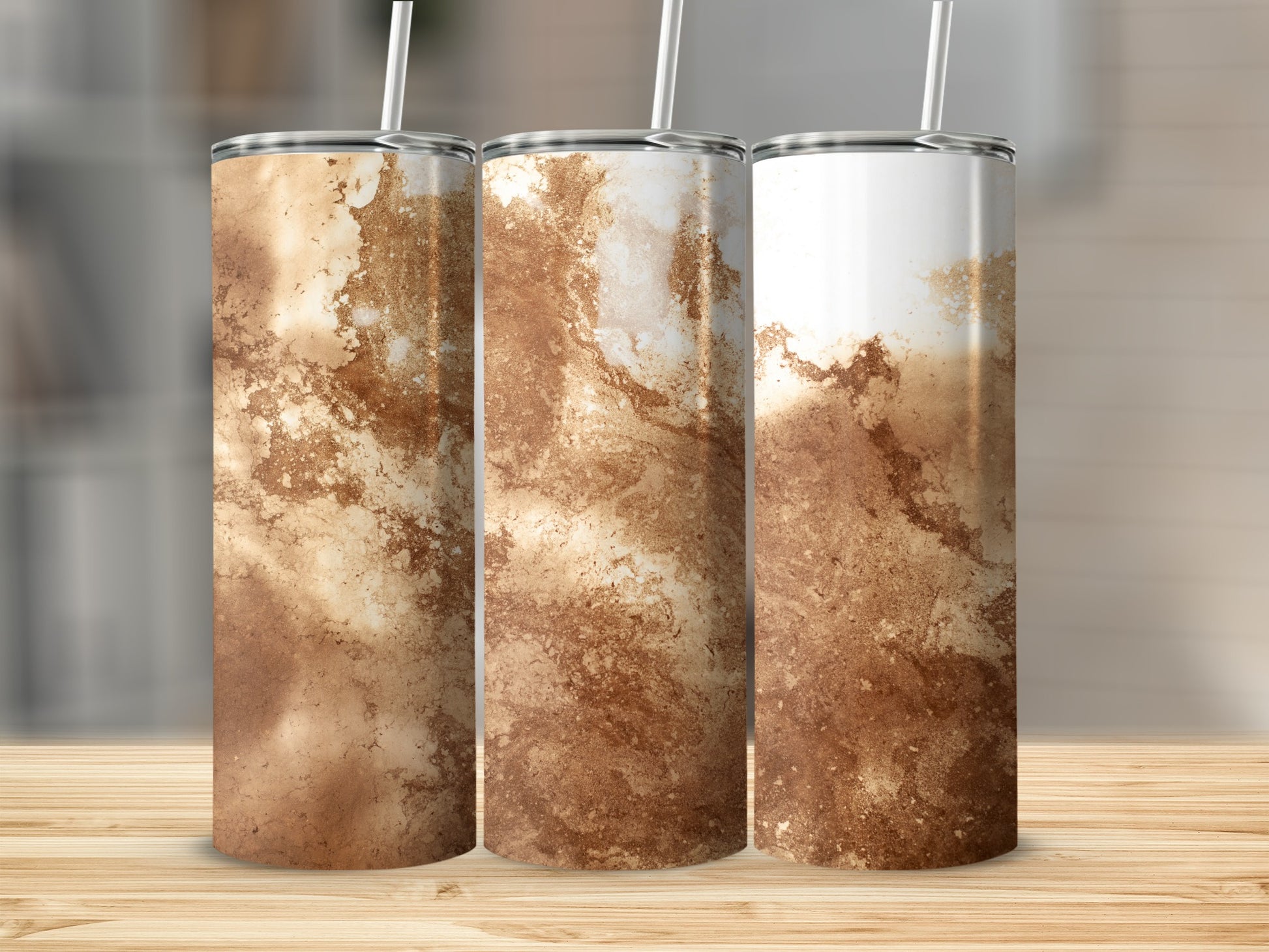 Three tumblers with a marbled brown and white design.
