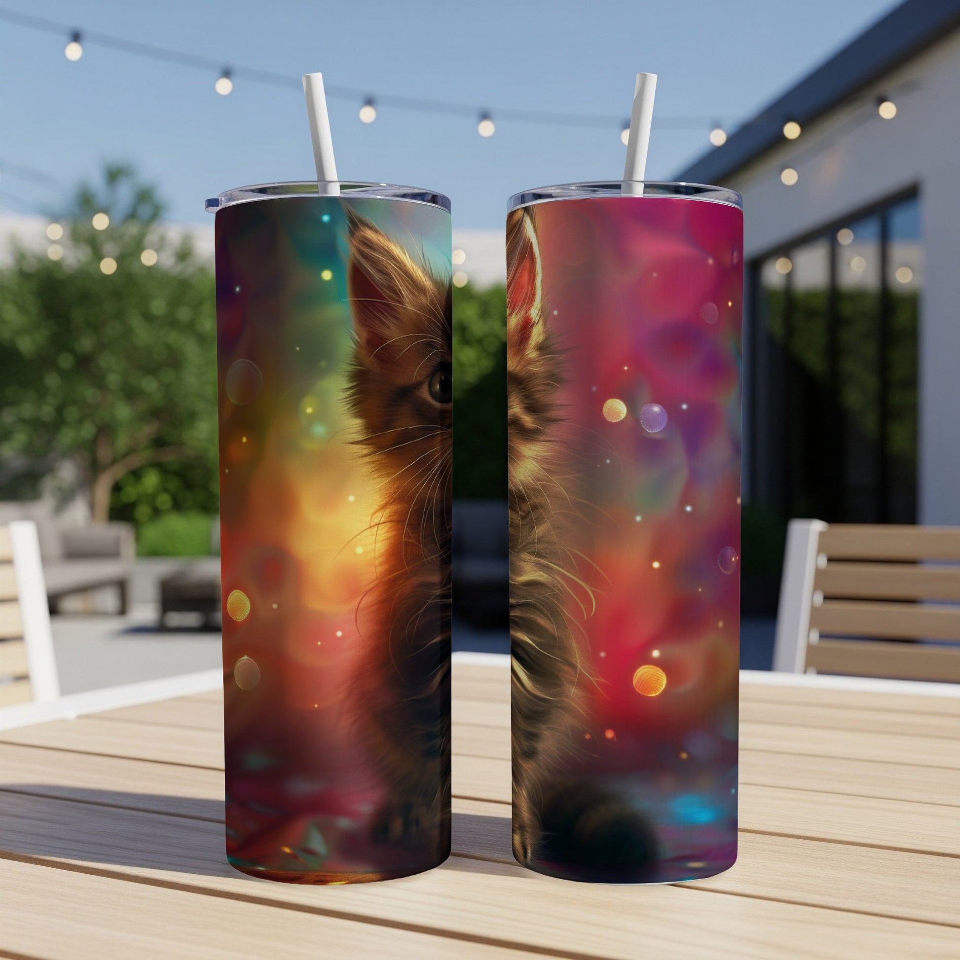 Two tumblers with a close-up of a kitten against a colorful, bokeh background.