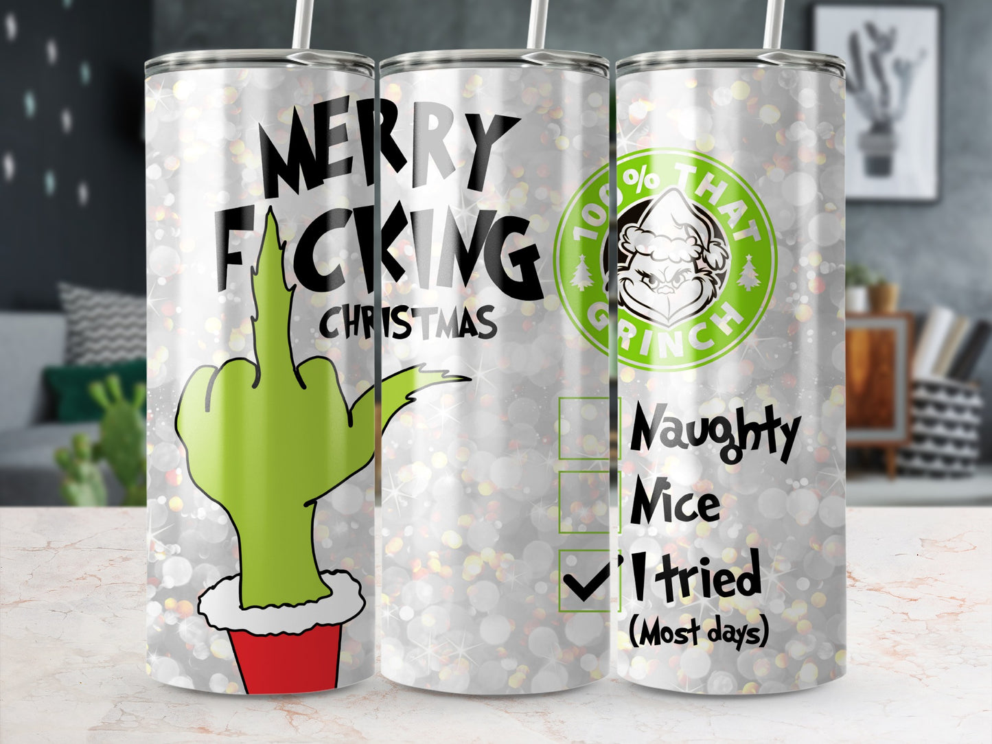 Green Grinch hand flipping off, with "Merry Fucking Christmas" text.