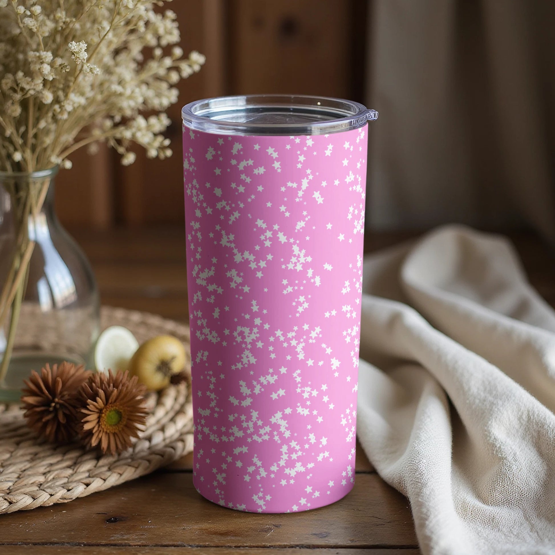 Pink Travel Mug with White Star Pattern Trendy Design