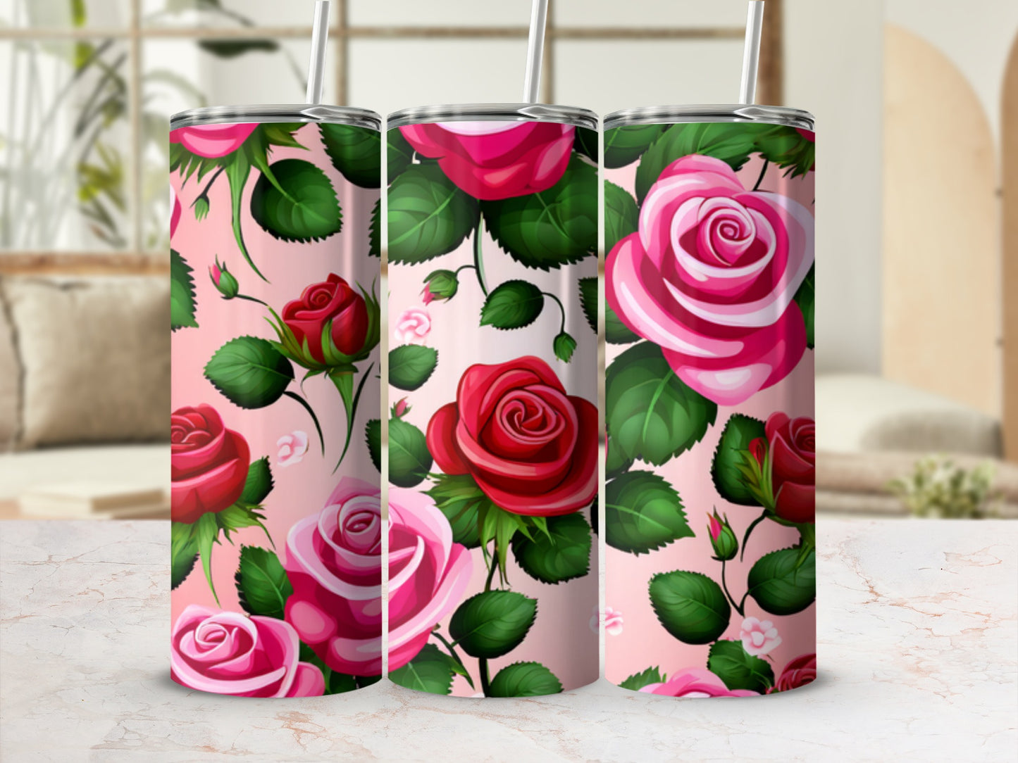 Pink background with a pattern of realistic red and pink roses.
