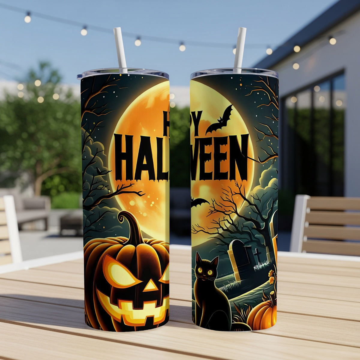 Halloween tumbler with Jack-o'-lantern, black cat, bats, and full moon.