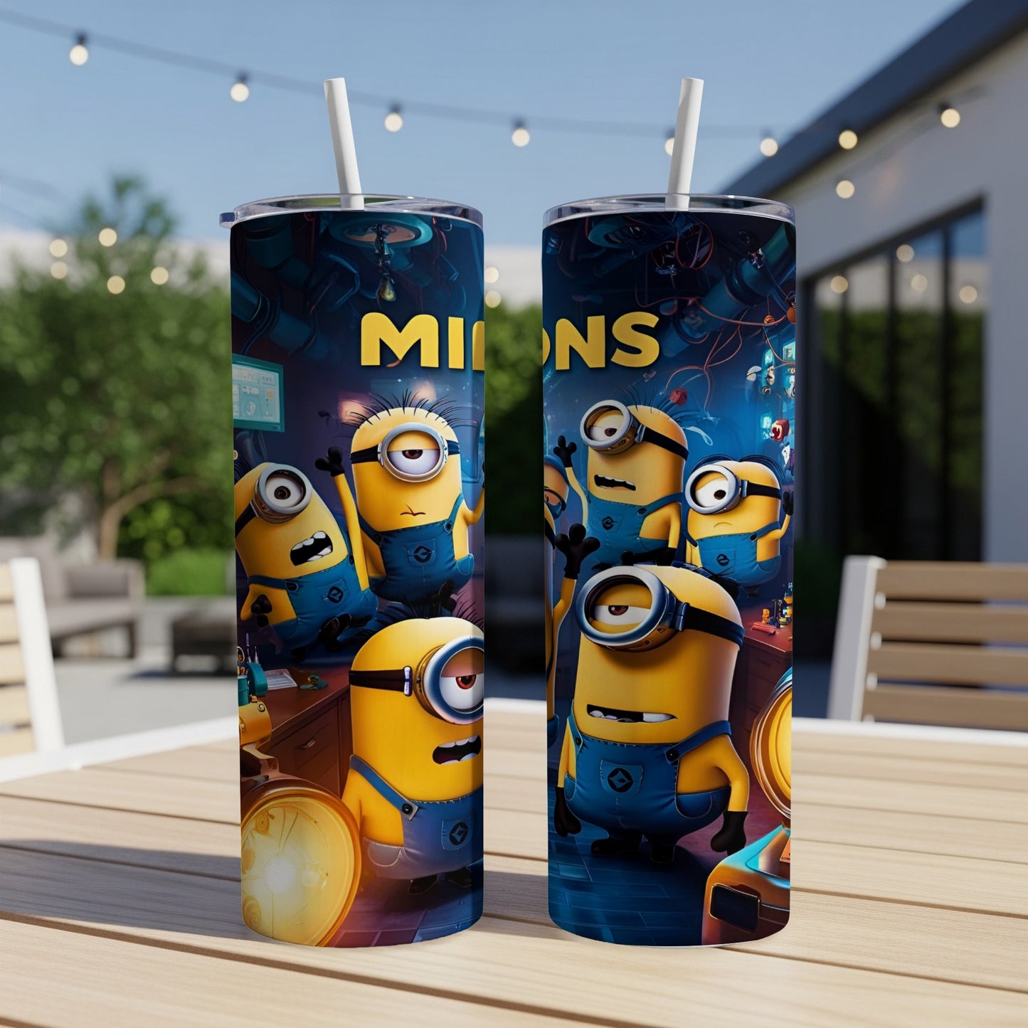 Minions in overalls gathered around a workbench.