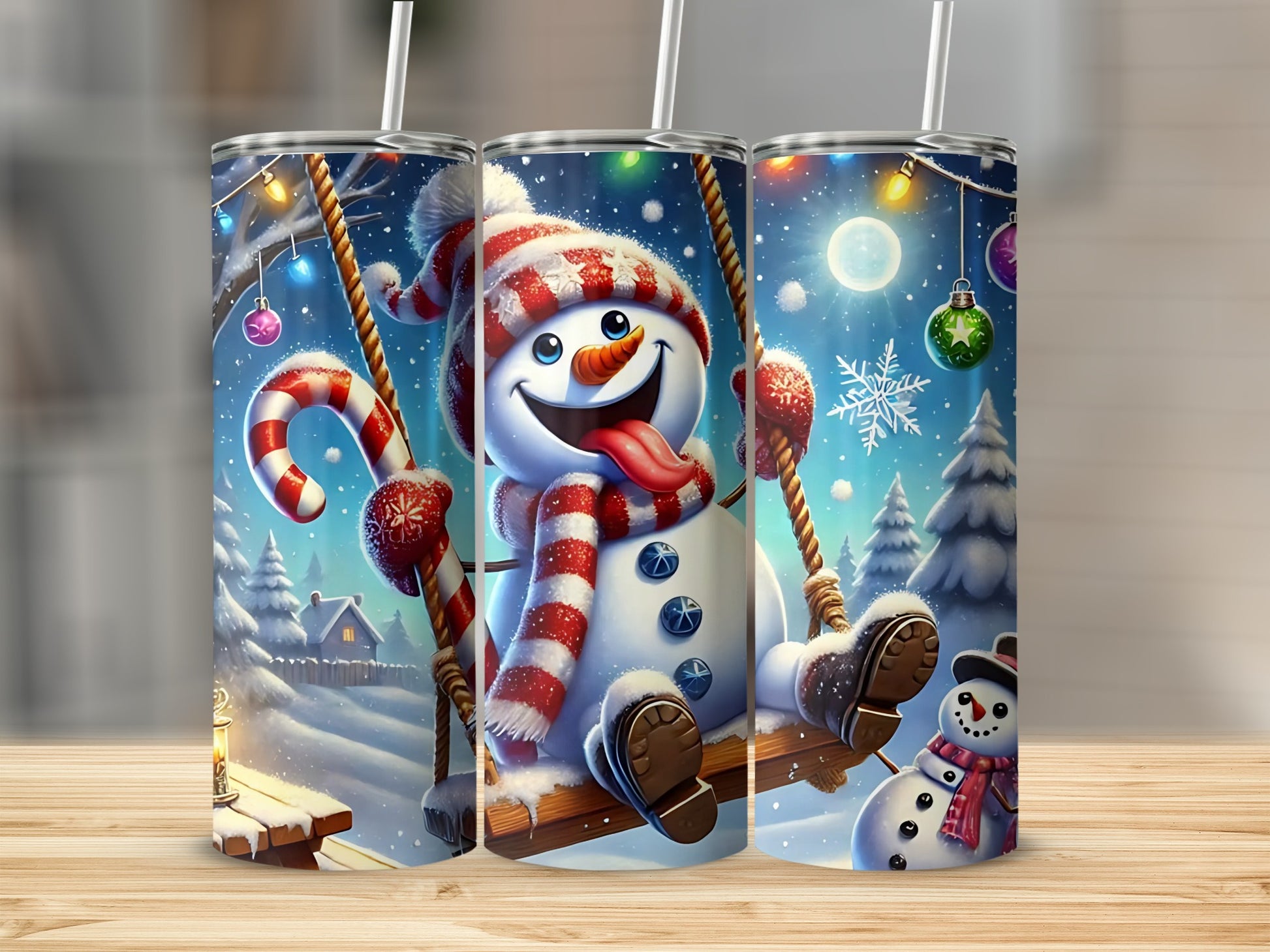 Festive Snowman on Swing Christmas Themed Tumbler Cup