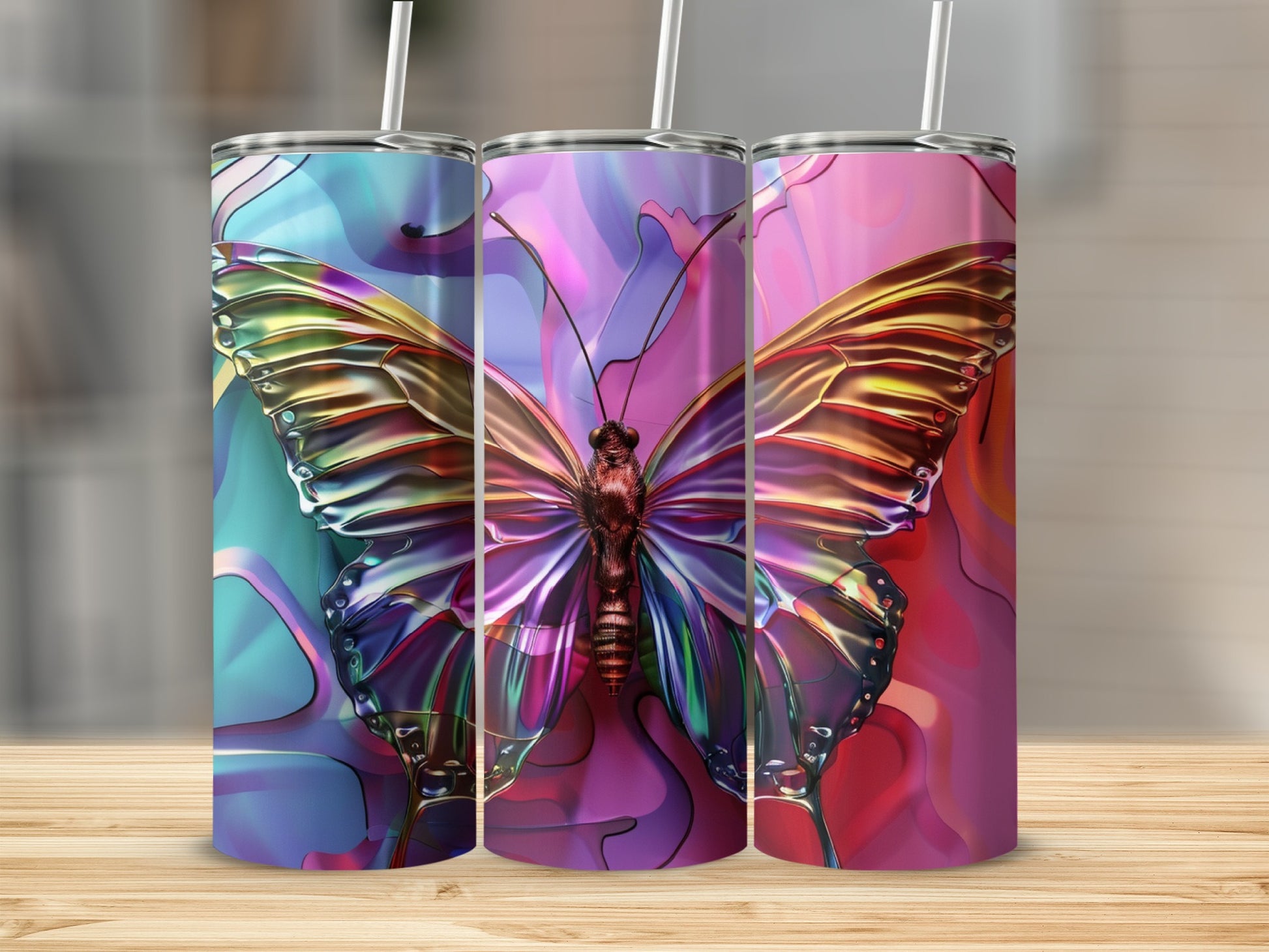 Three tumblers with a stained-glass butterfly design.