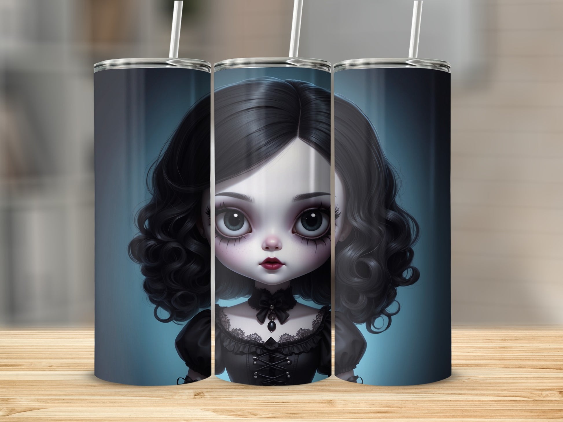 Three gothic doll tumblers with curly black hair and large eyes.