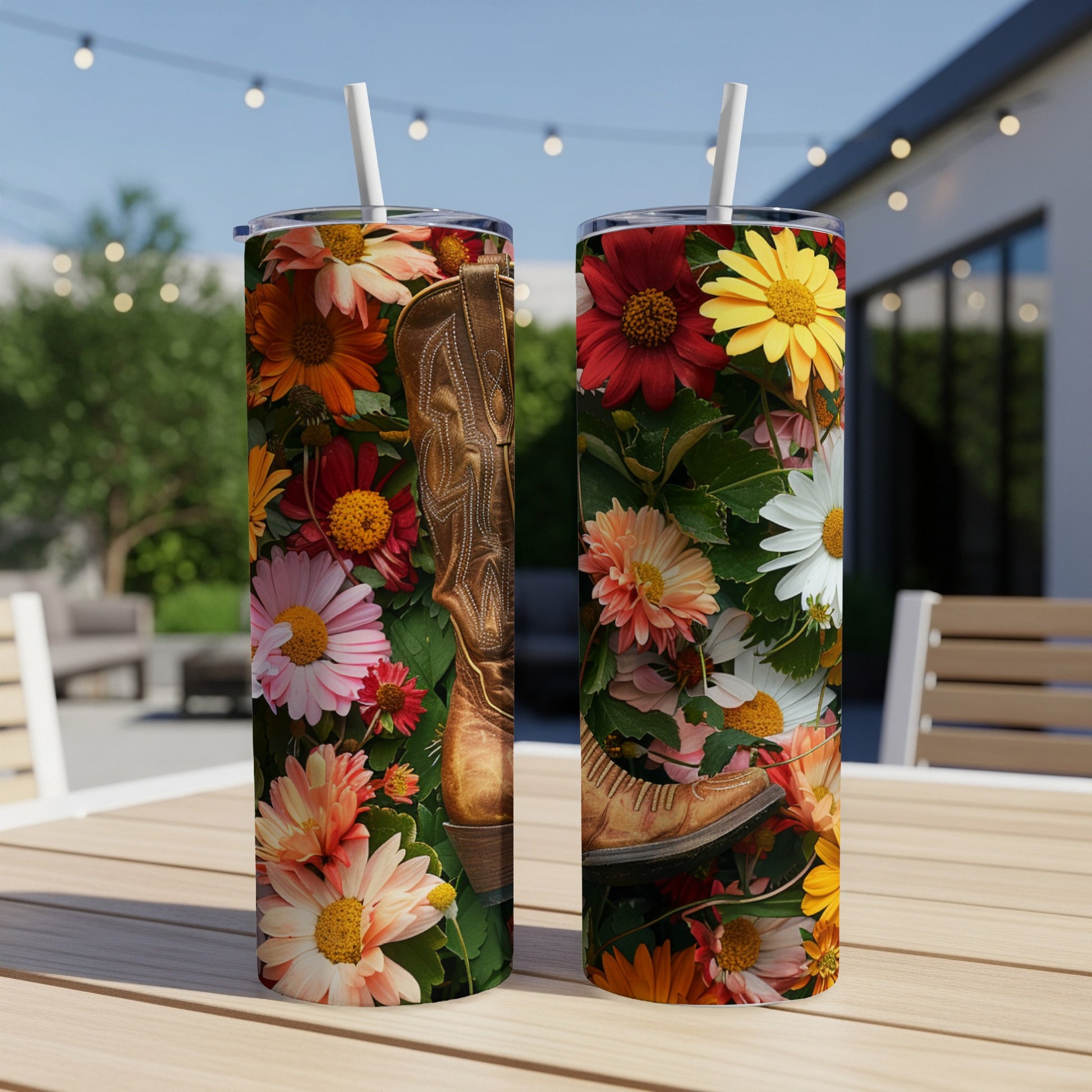 Cowboy boot with colorful flowers design on a tumbler.