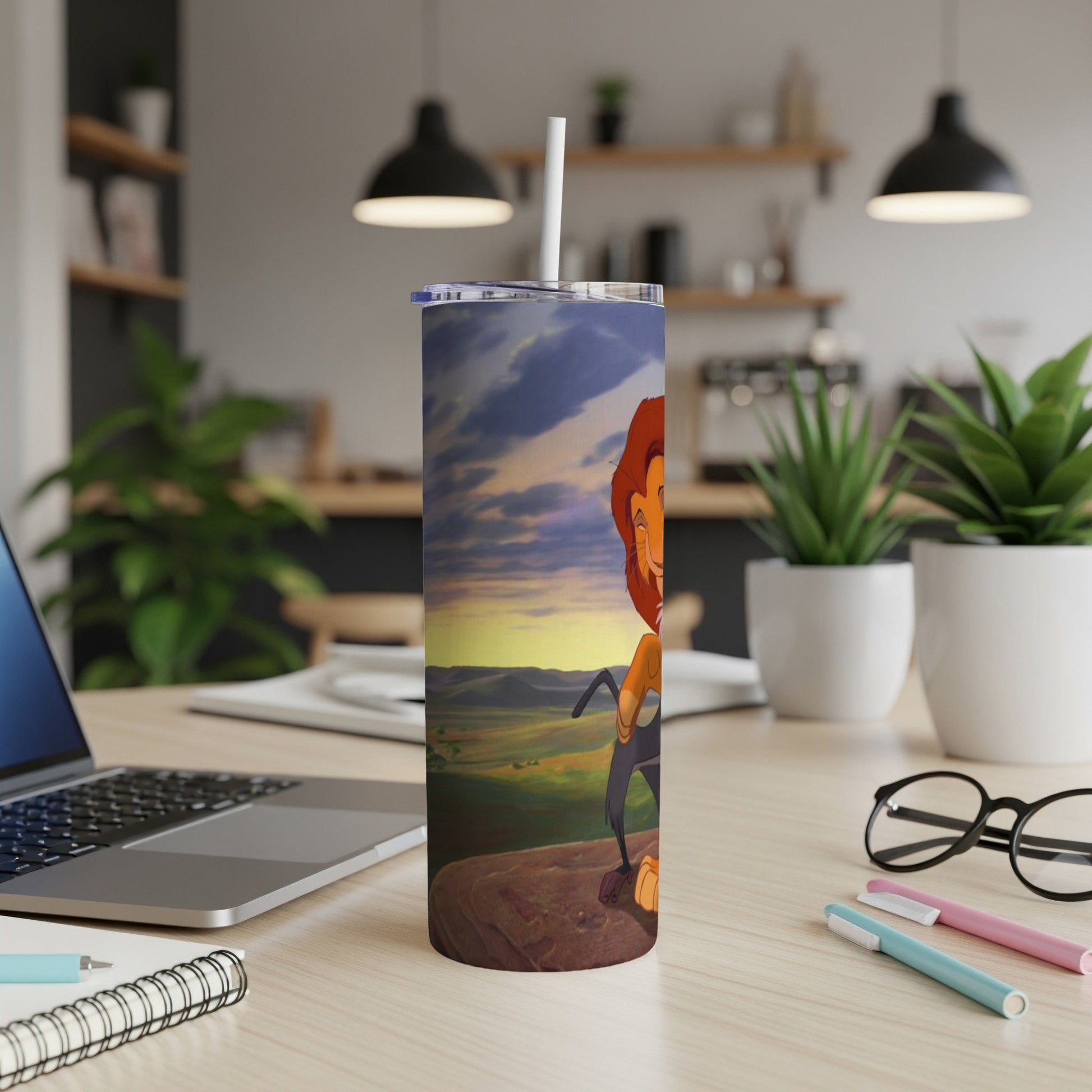 Simba from The Lion King on a rock at sunset, on a white tumbler.