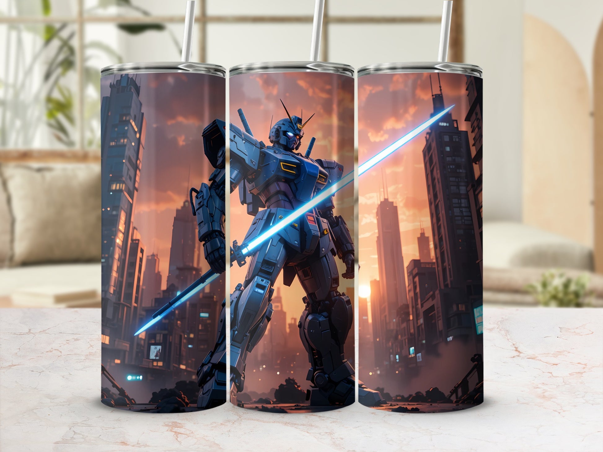 Robot Warrior with Sword in City Design Tumbler