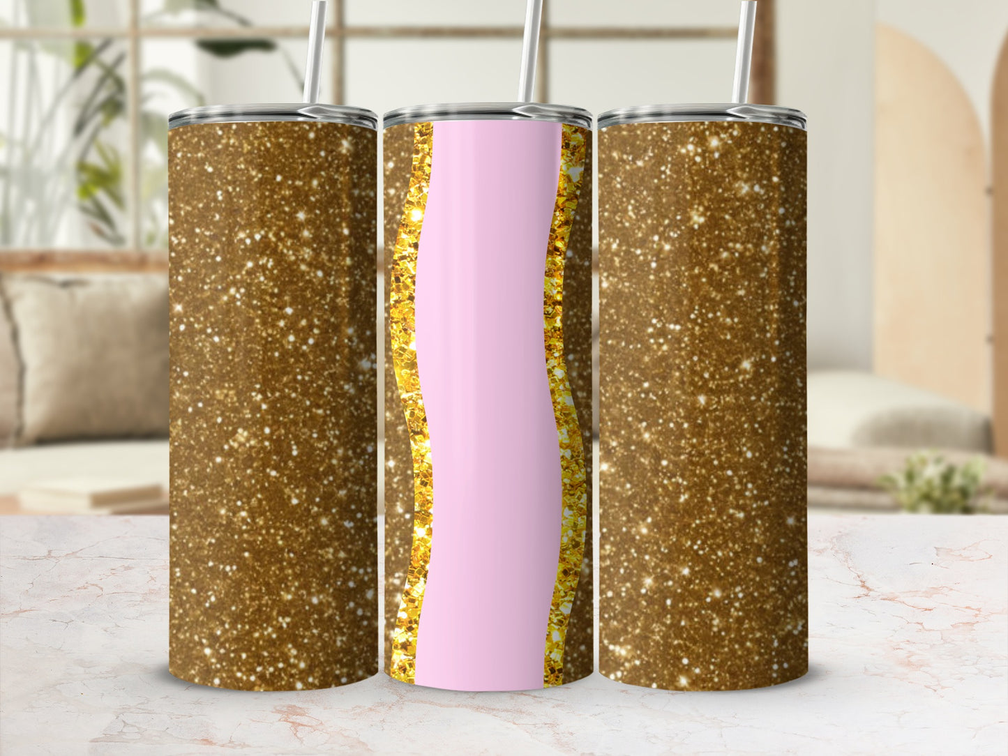 Glitter tumbler with pink stripe detail and straw.