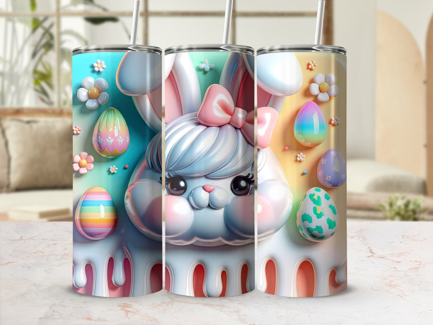 Three bunny-themed tumblers with pastel Easter eggs and floral accents.