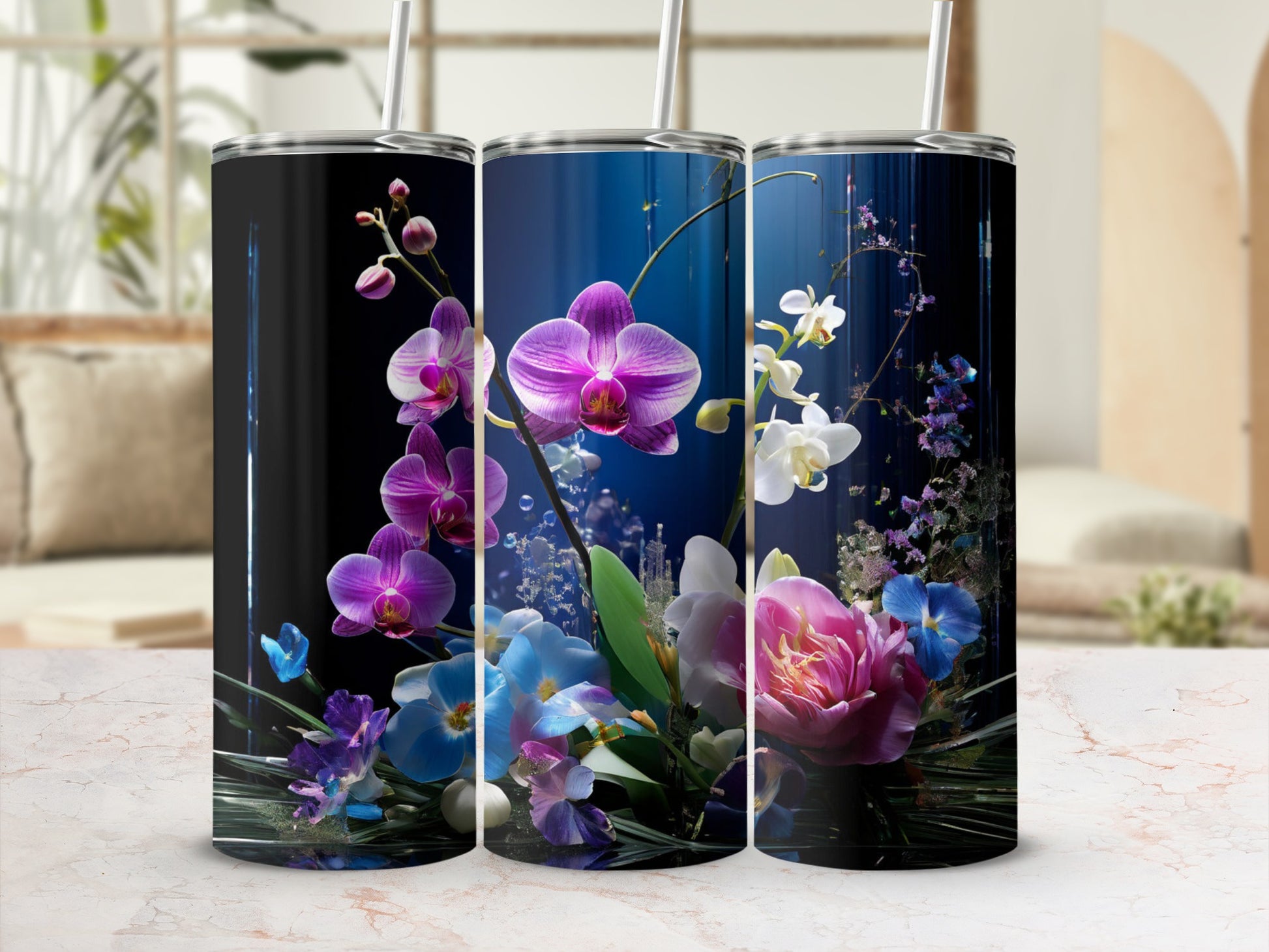 Three tumblers with vibrant orchid and floral designs.
