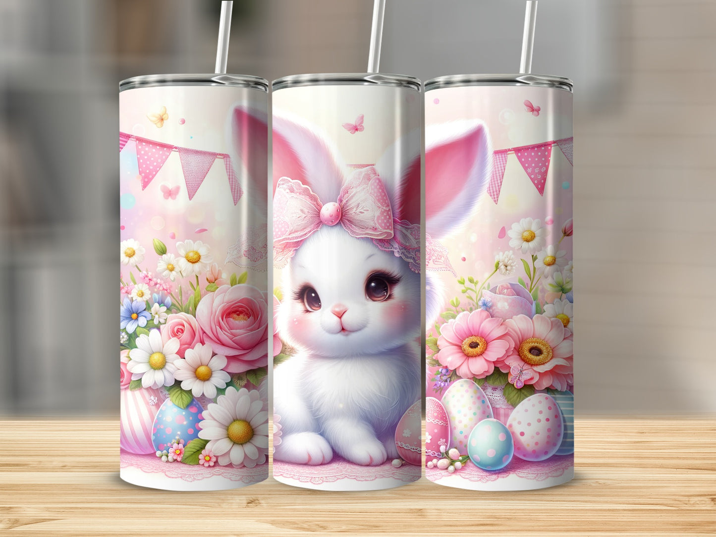 Easter bunny tumbler with pink bow and floral accents.