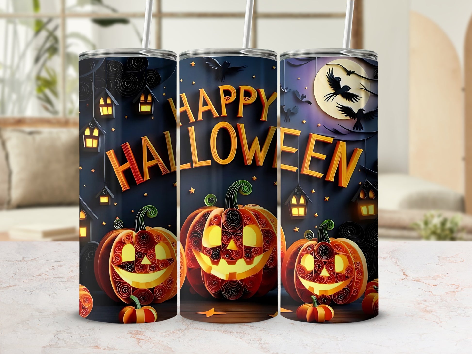 Three tumblers with "Happy Halloween" text and quilled jack-o'-lanterns.