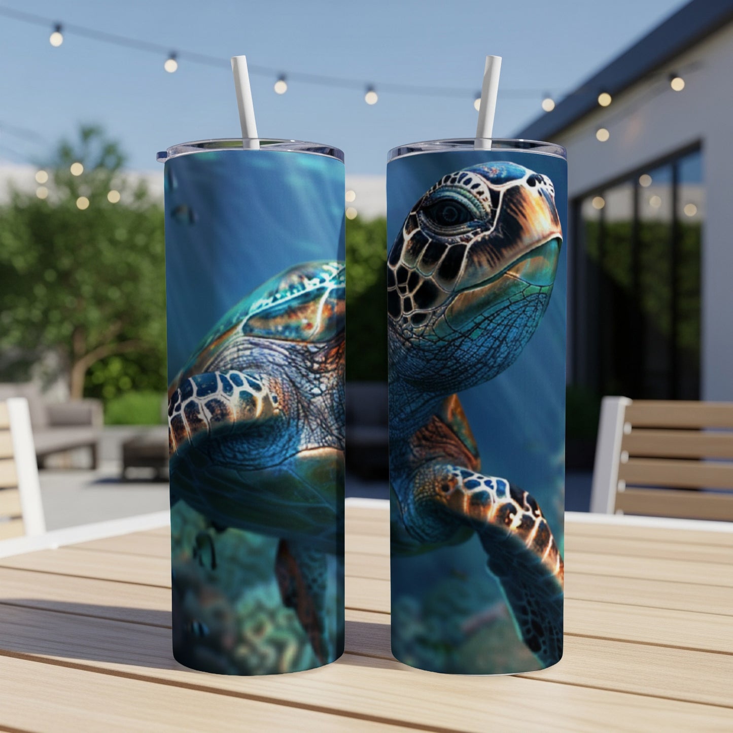 Sea turtle illustration on two matching tumblers on a table.