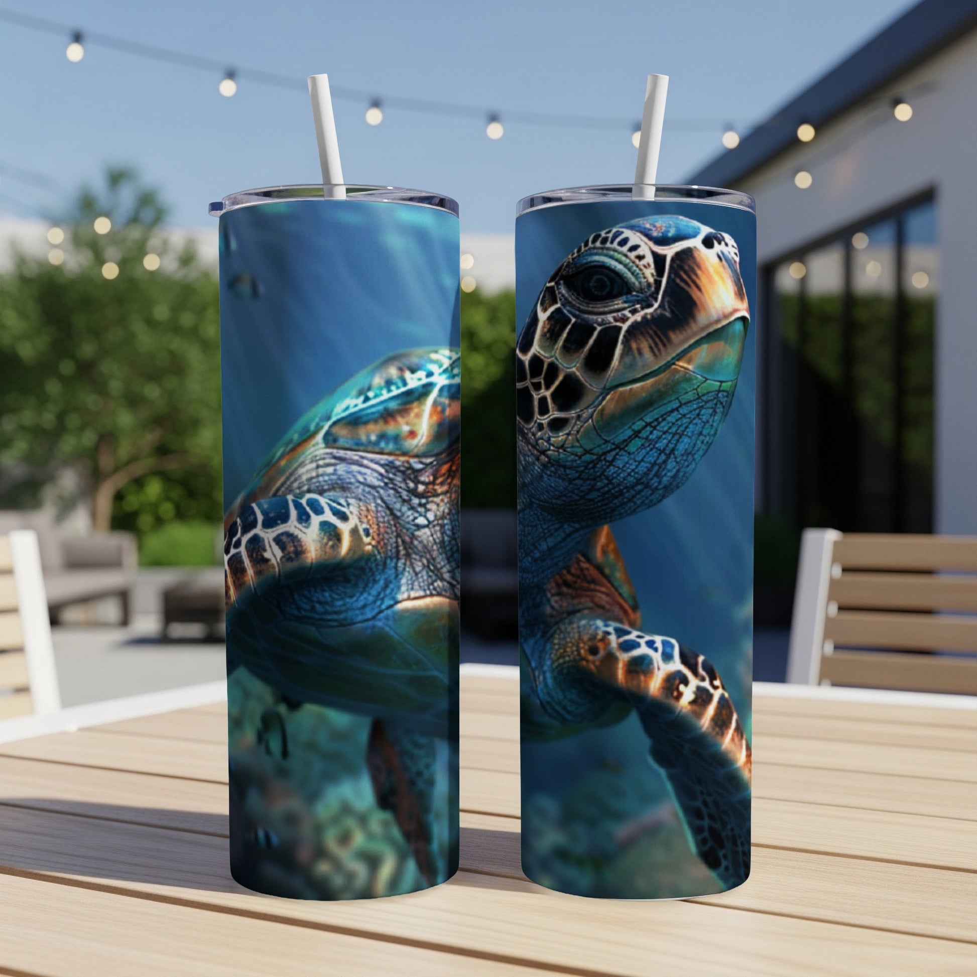 Sea turtle illustration on two matching tumblers on a table.