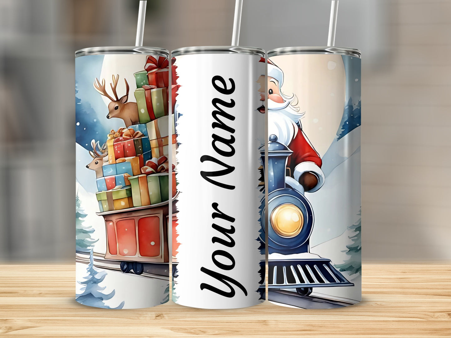 Personalized Christmas Santa Claus Reindeer Train Tumbler