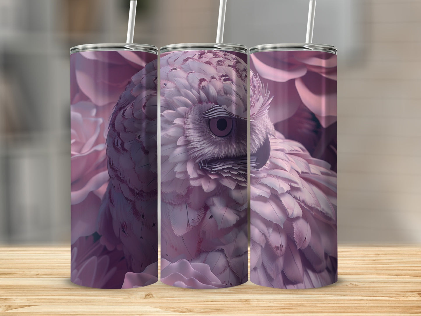 Three tumblers with close-up owl feather designs, on a wooden surface.