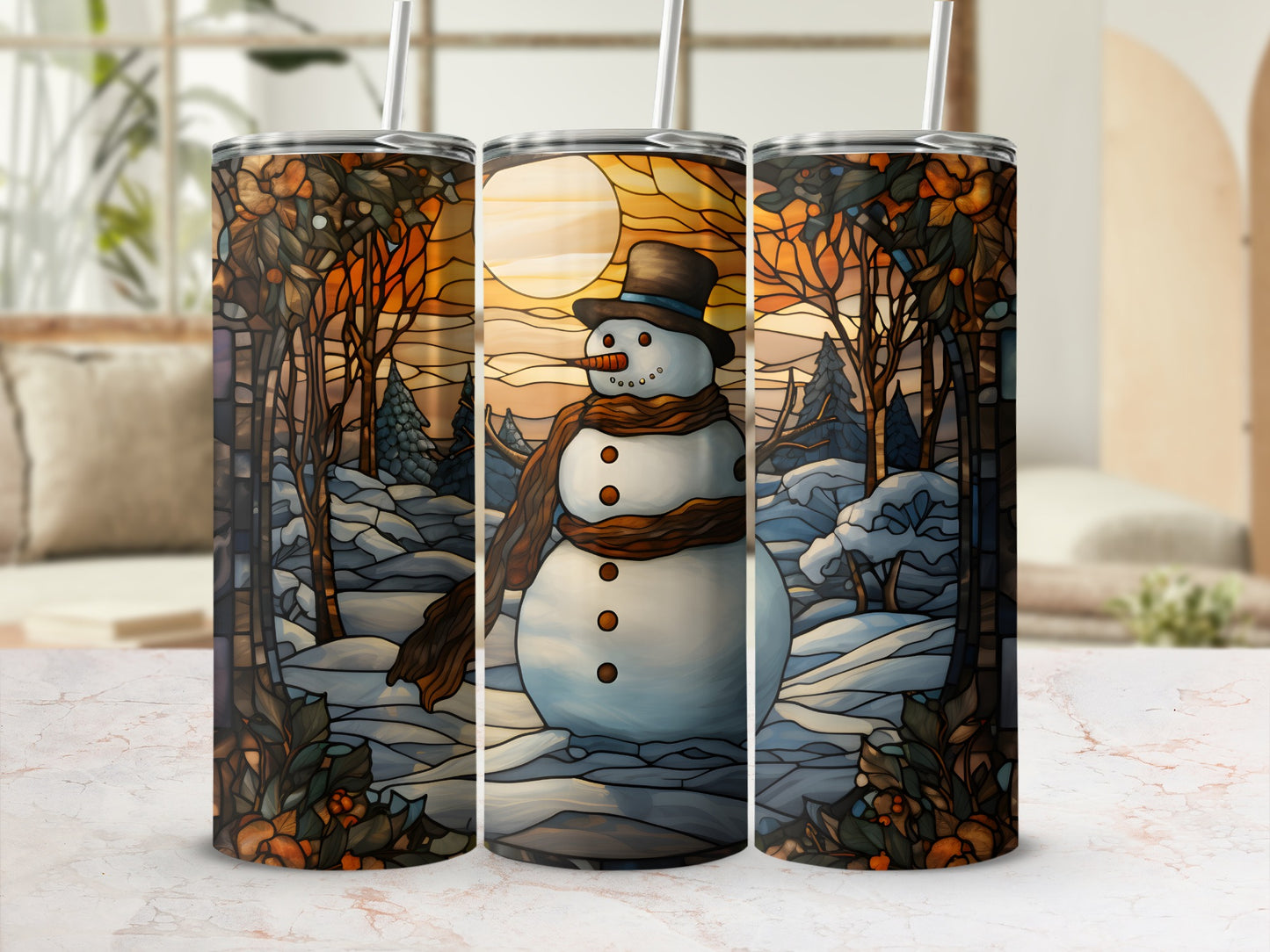 Snowman in winter stained glass scene with trees and moon.