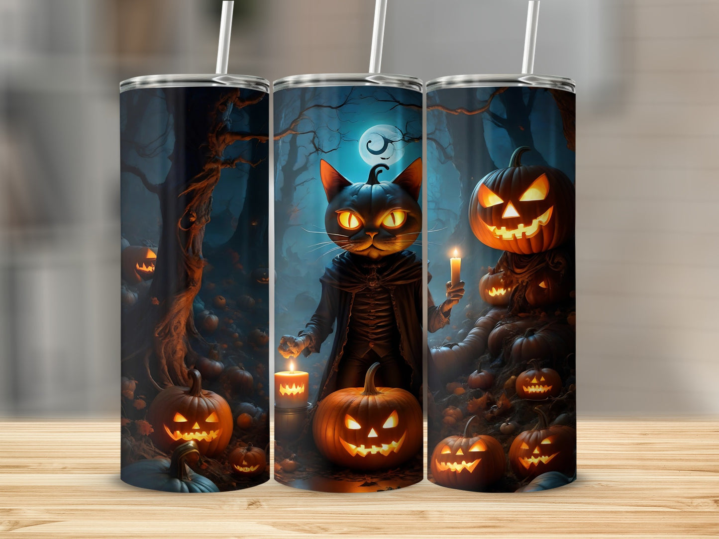 Spooky Halloween Cat and Pumpkins Design Tumbler