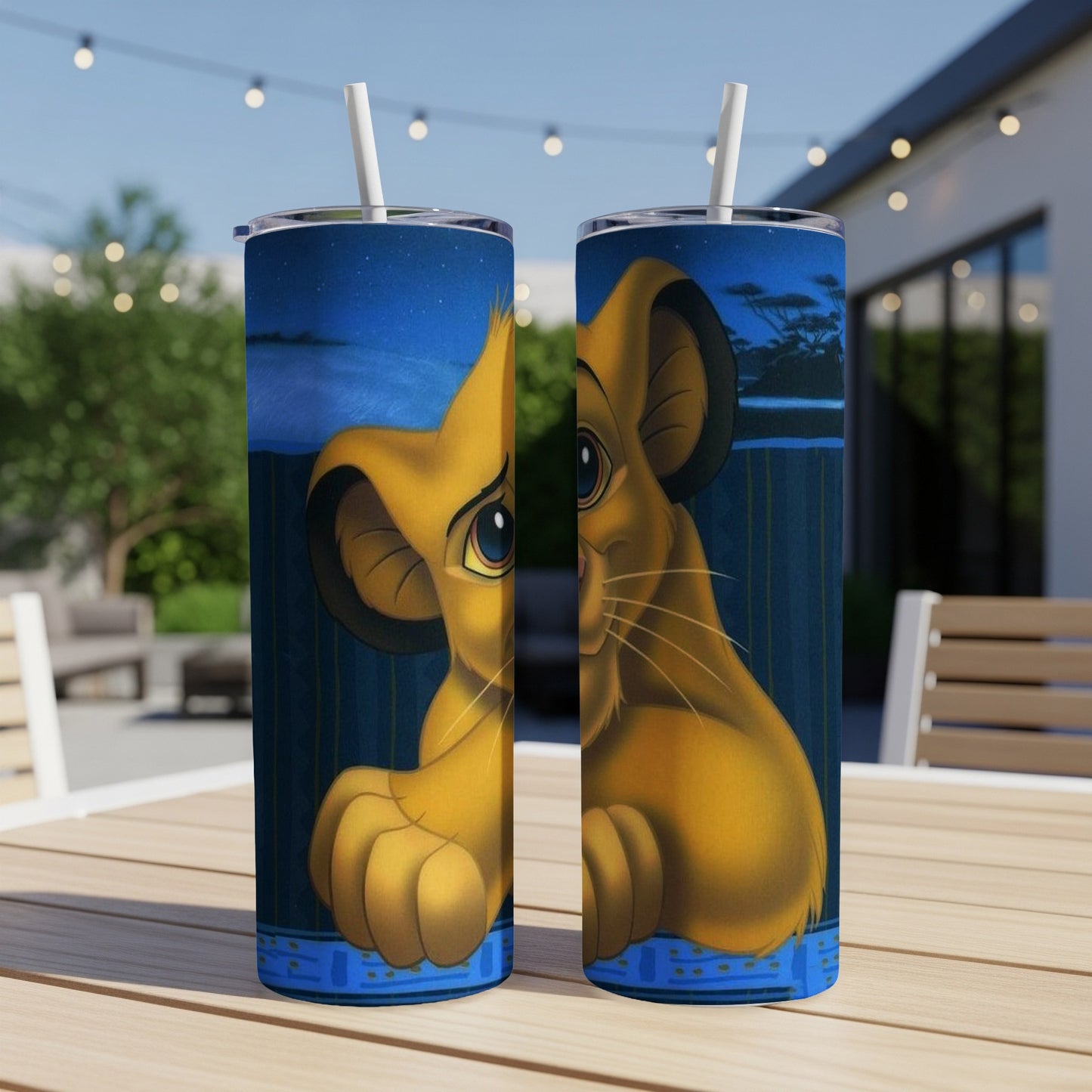 Simba from The Lion King on a blue and yellow striped tumbler.