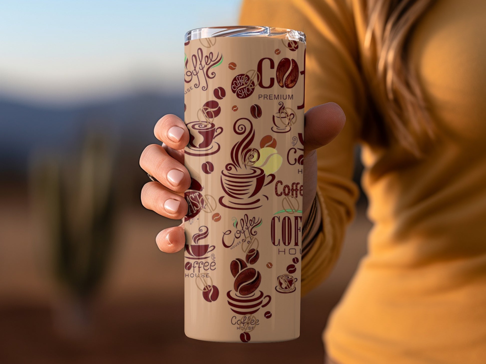 Coffee-themed Travel Tumbler with Cafe Graphics
