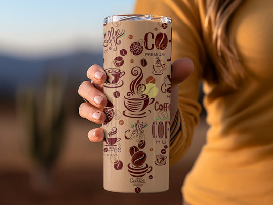 Coffee-themed Travel Tumbler with Cafe Graphics