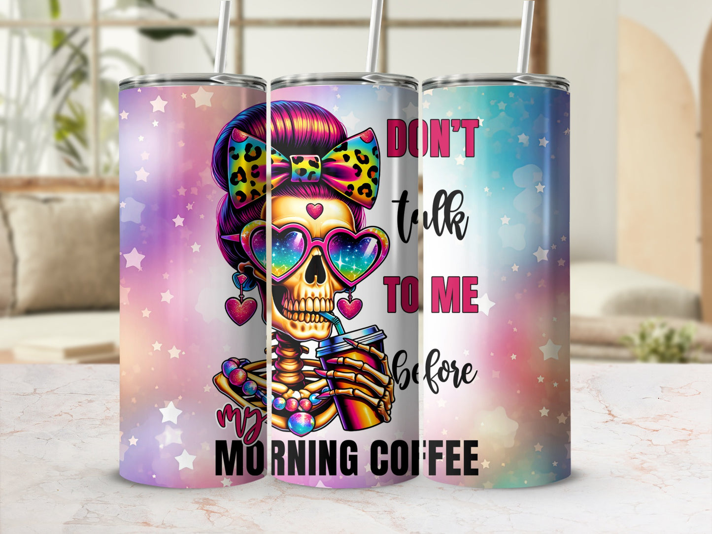 Skeleton wearing sunglasses and a bow drinks coffee, "Don't talk to me before my morning coffee."