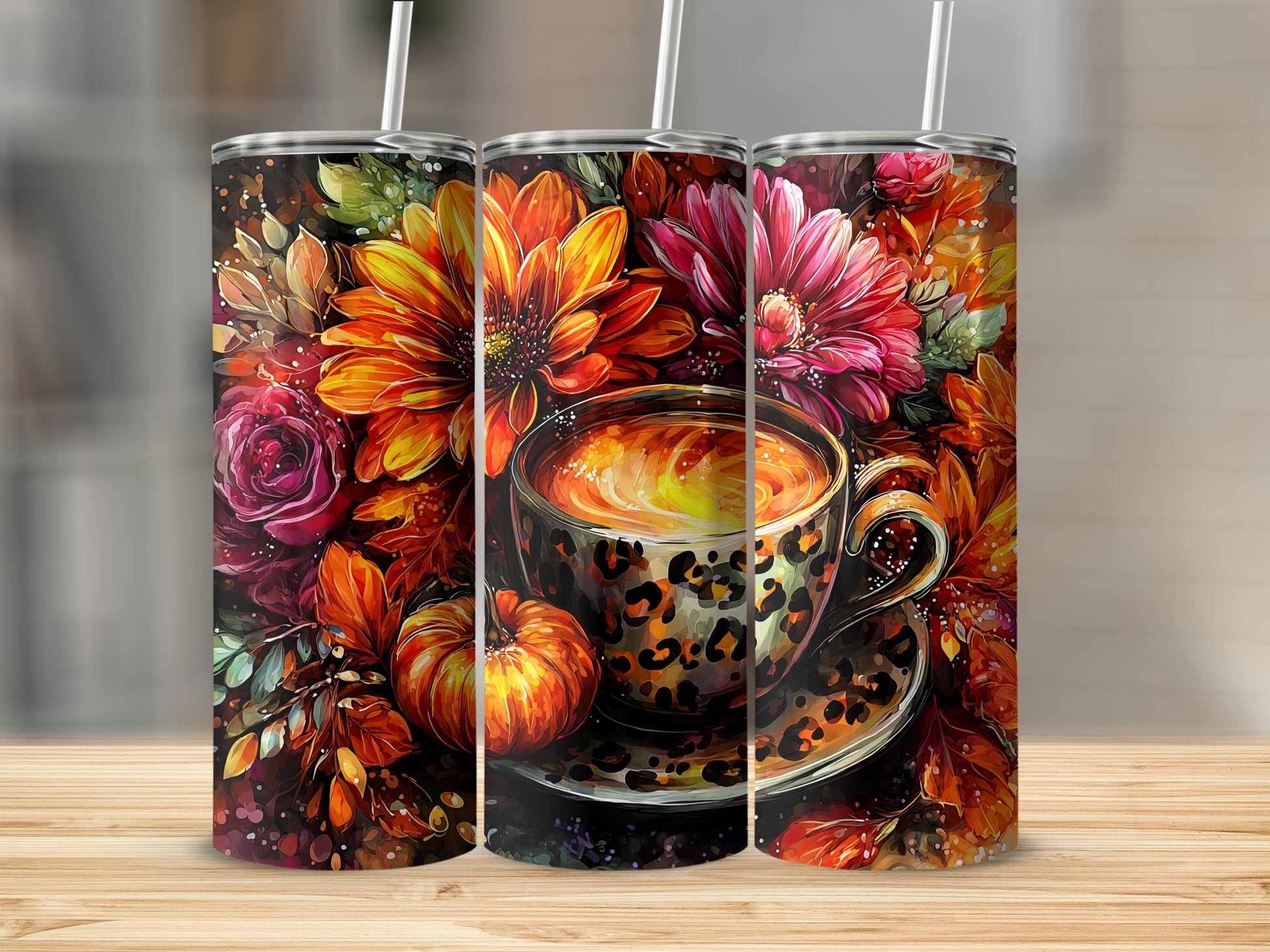 Floral Pumpkin Leopard Cup Tumbler Coffee Art دف المنتج