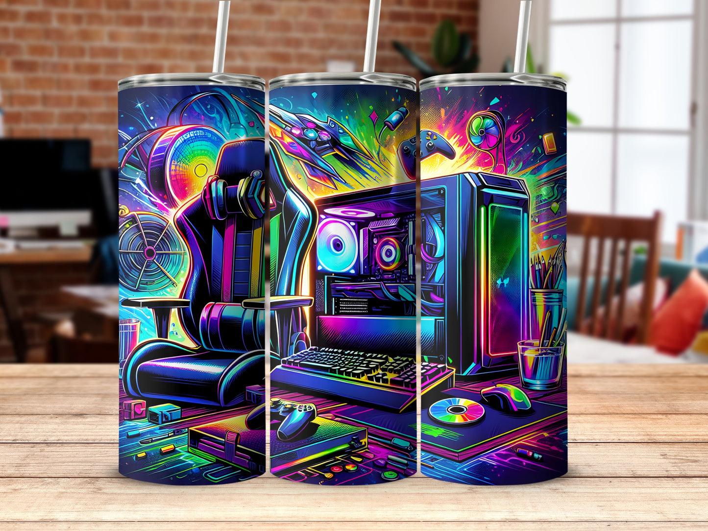 Neon Gamer Desk and Chair with Technology Design Tumbler