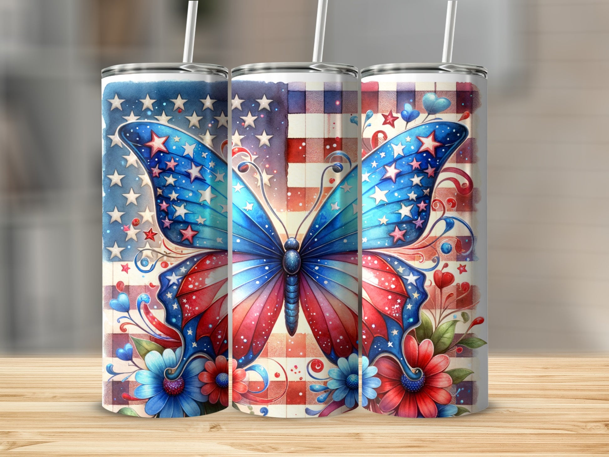 Red, white, and blue butterfly with stars on a tumbler, with plaid and flowers.