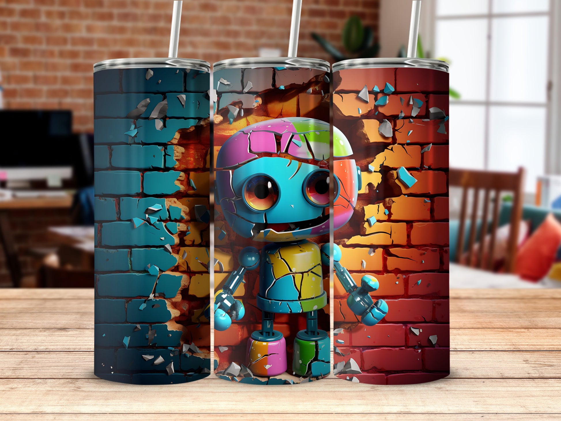 Colorful Robot Tumbler With Brick Wall Design