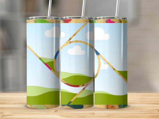 Three tumblers with a colorful outdoor scene, including rolling green hills, sky, clouds, and sand.
