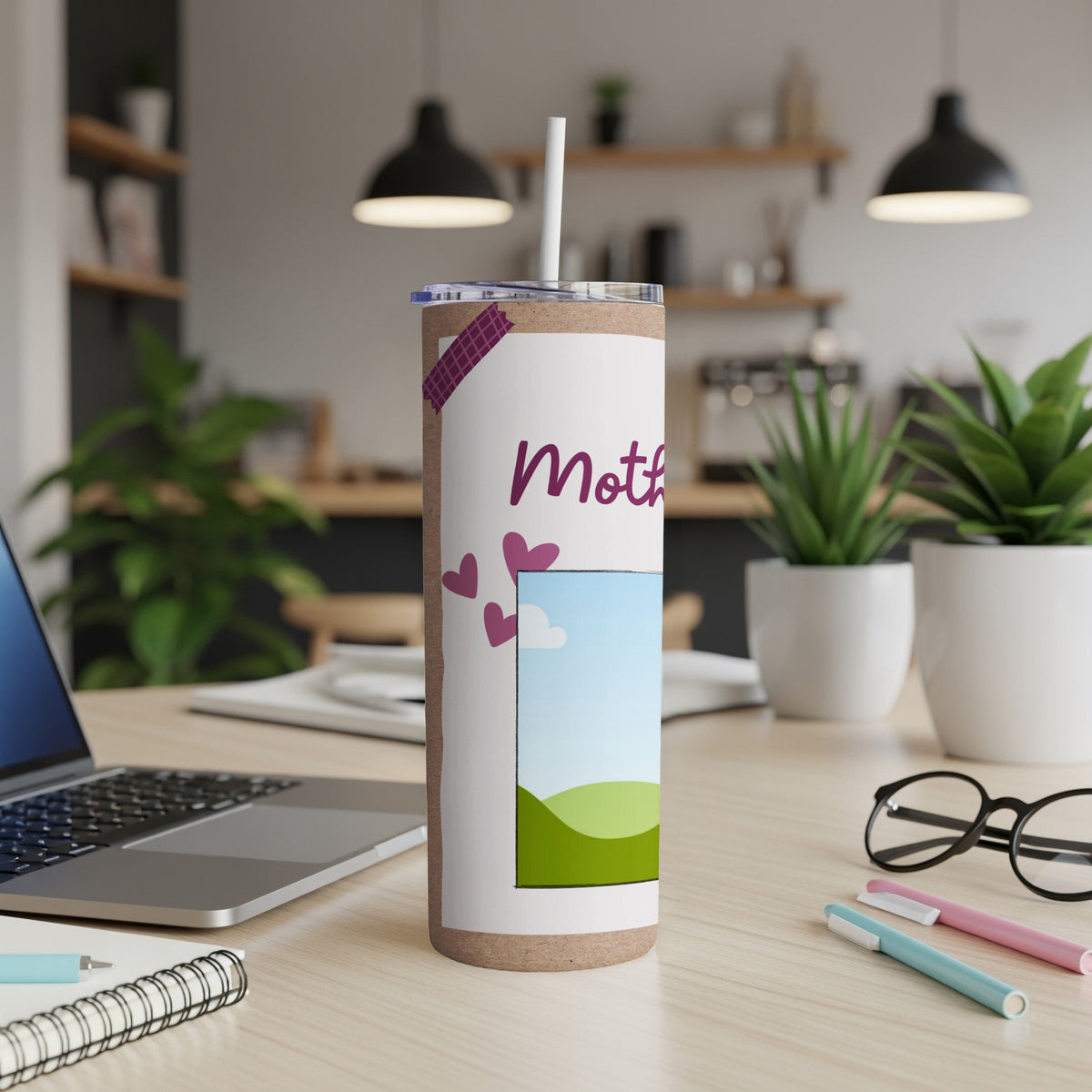 Tumbler with "Mother" text, hearts, and a landscape photo.