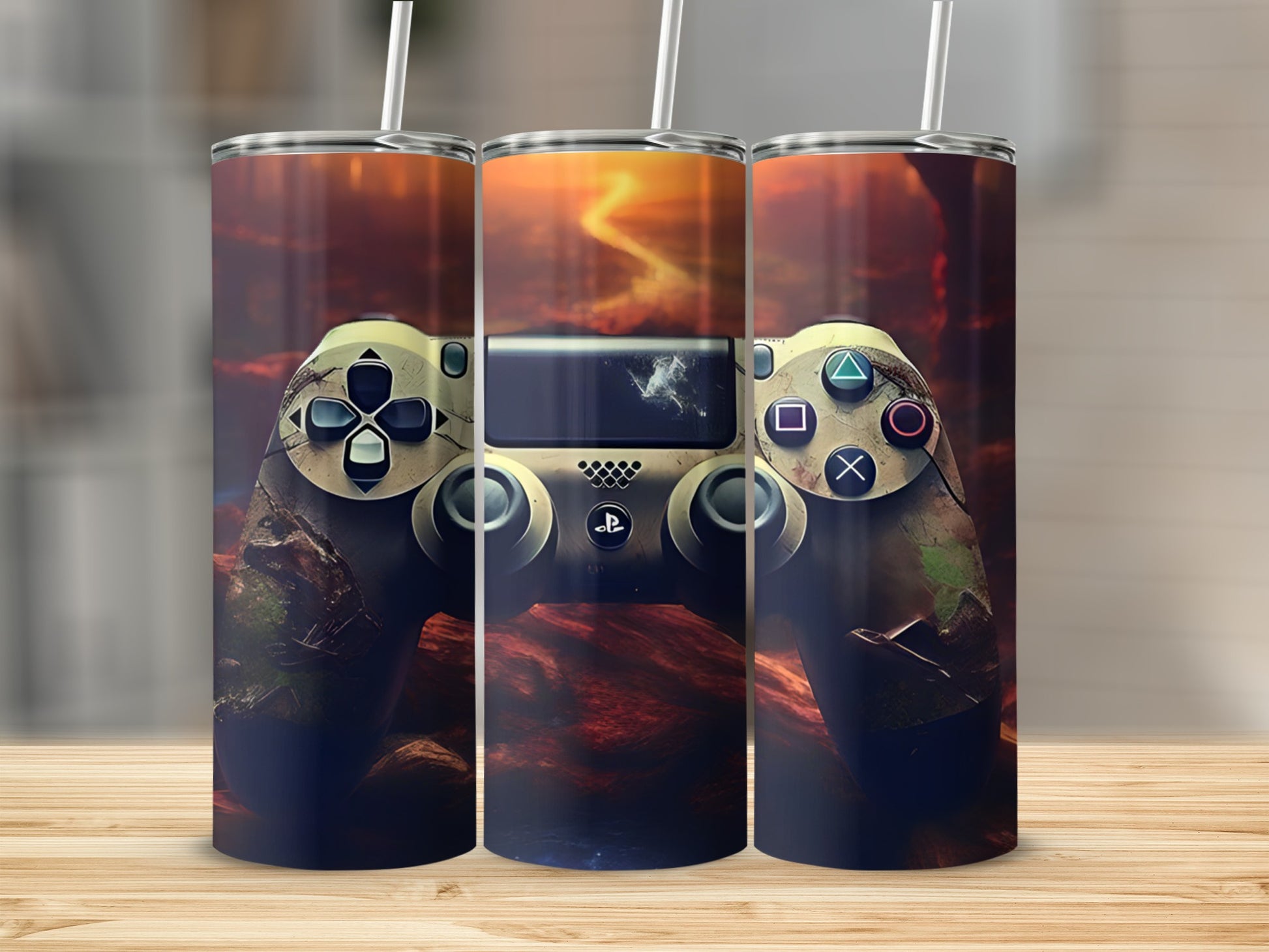 PlayStation controller with rustic, fiery background on a tumbler.