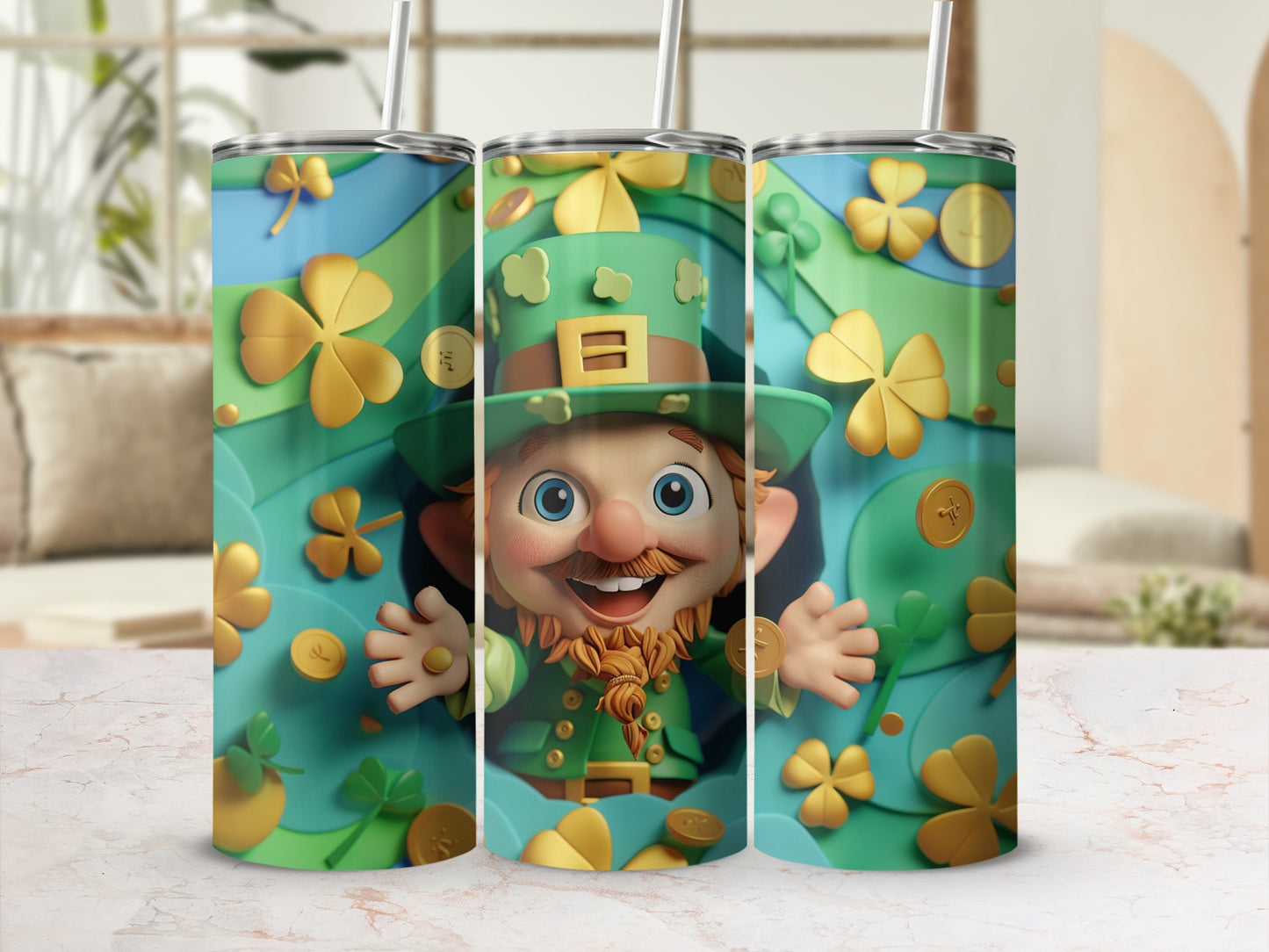 Leprechaun surrounded by shamrocks on a tumbler.