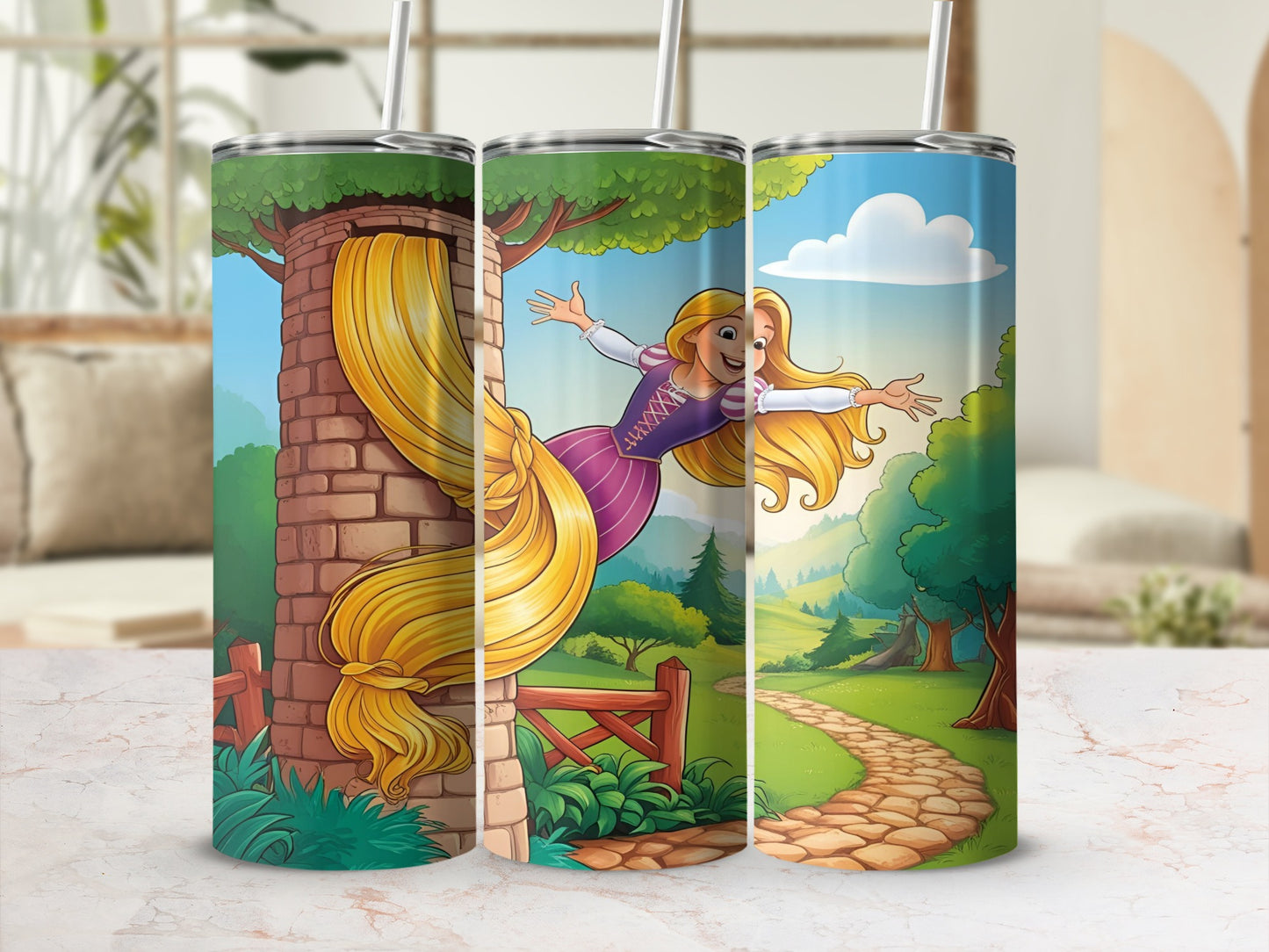 Rapunzel with long blonde hair swinging from tower.