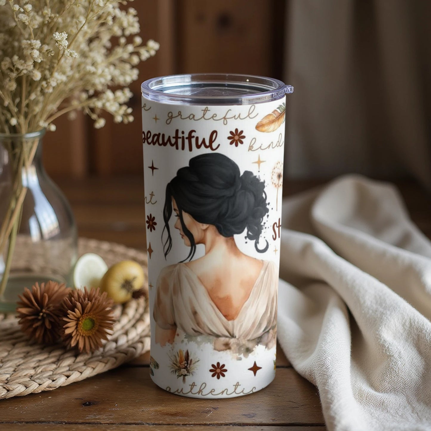 Beautiful Woman Art Tumbler with Motivational Quotes