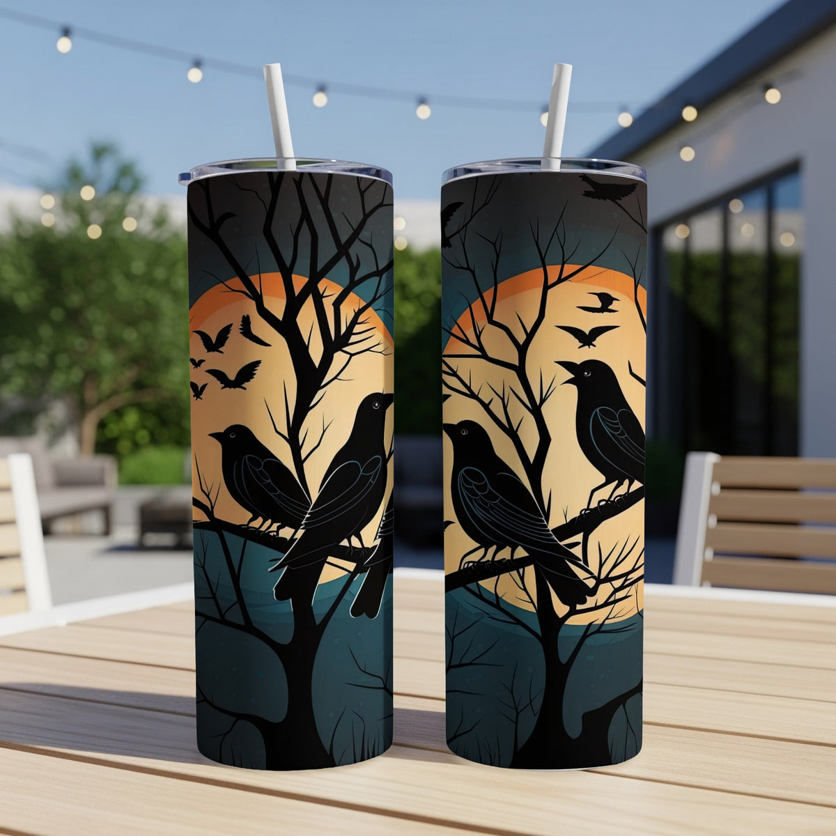 Two tumblers with crow and bare tree design under an orange moon.