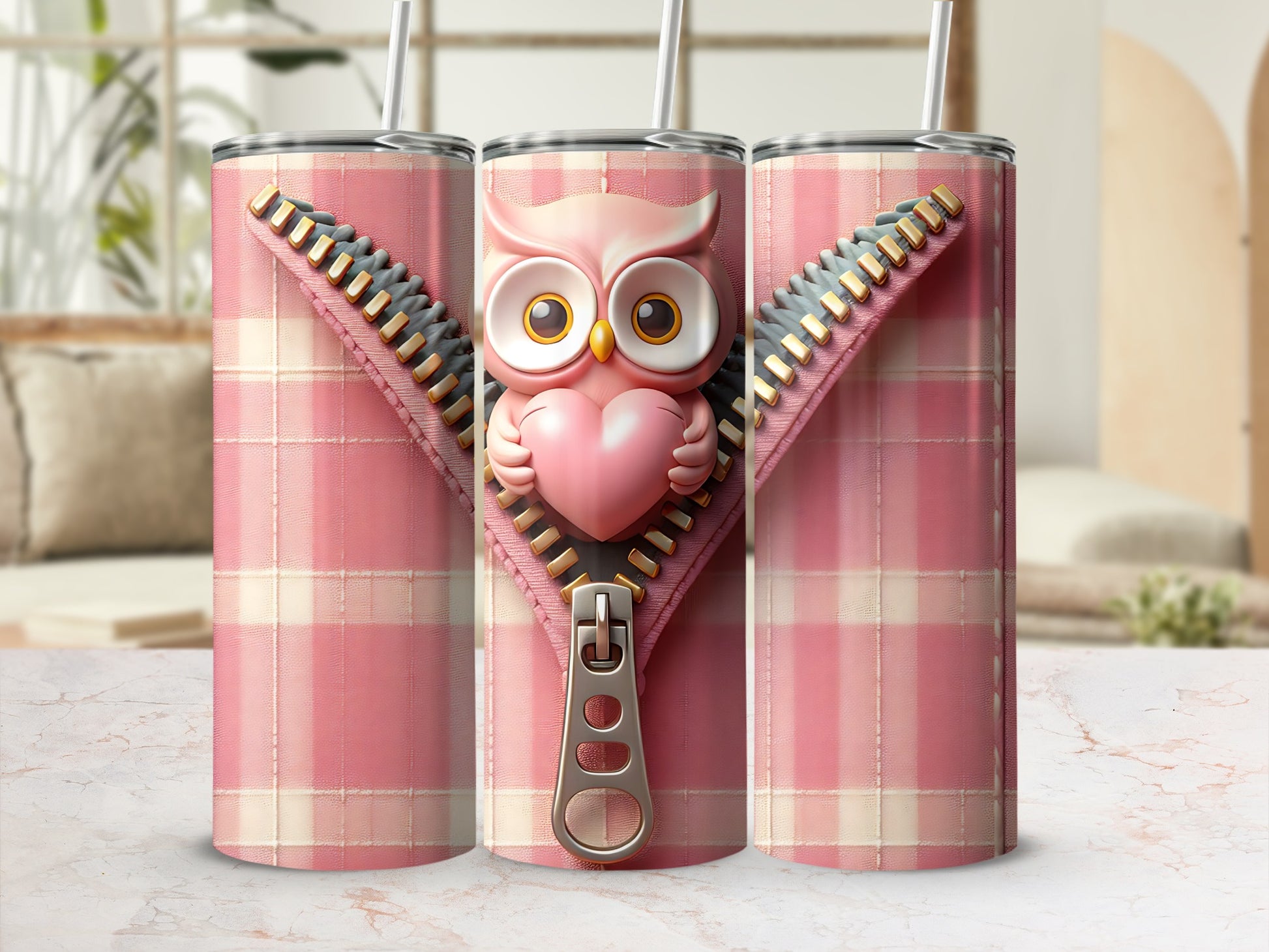 Pink plaid tumbler with a zipper and owl holding a heart.