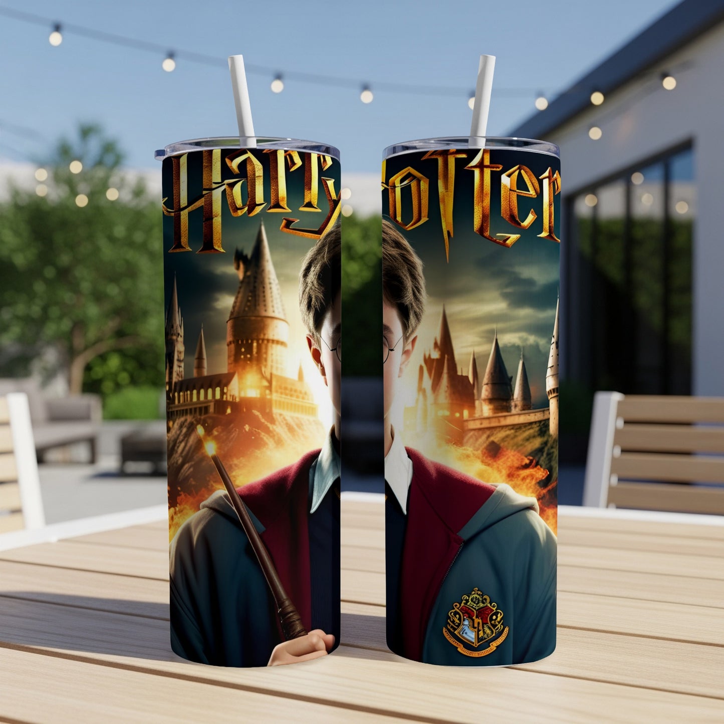 Two Harry Potter tumblers with Hogwarts castle and wizarding school crest.