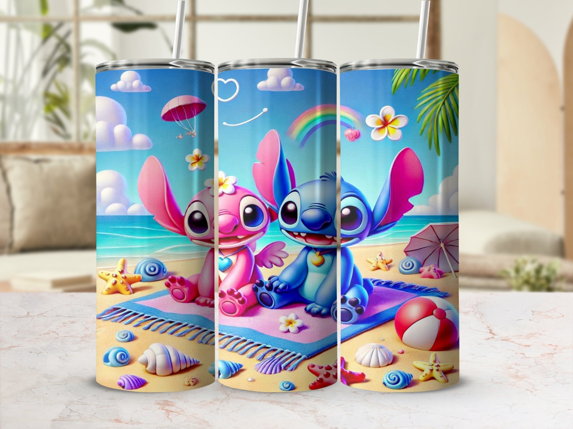 Cute Beach Scene Character Insulated Tumbler Set