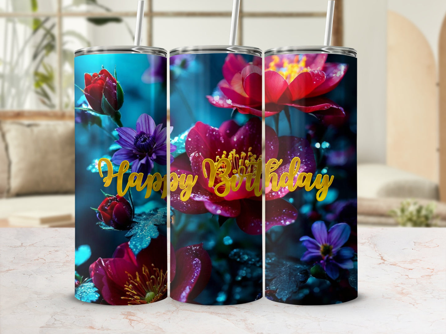 Happy Birthday tumbler with red and purple flowers and greenery.