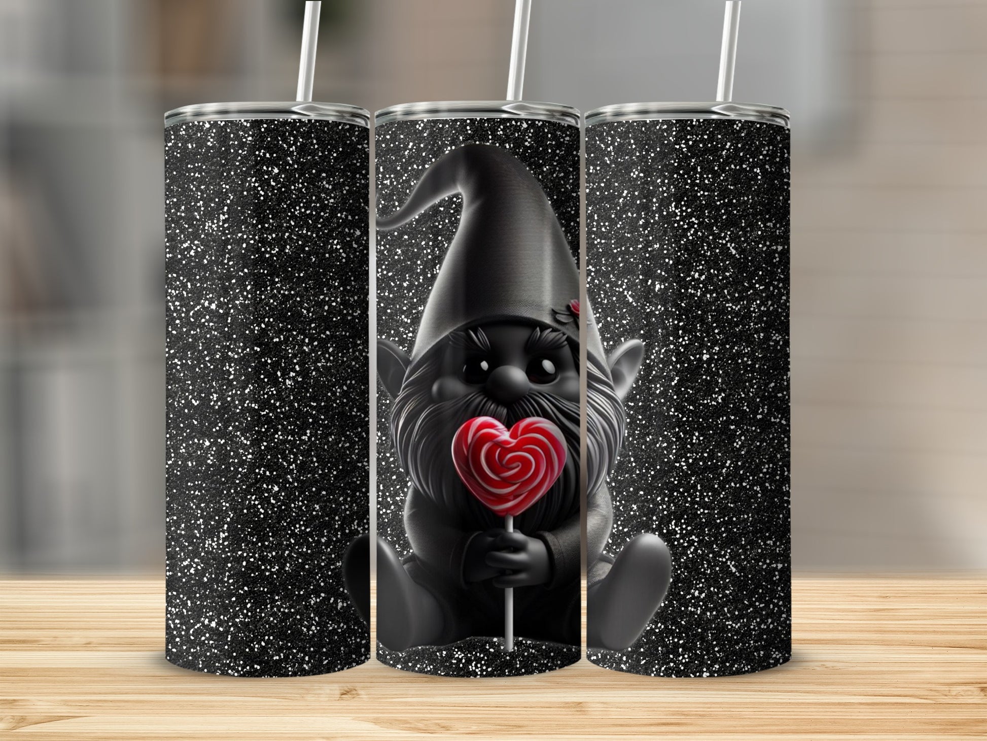Sparkling Black Gnome with Red Heart Lollipop Tumbler