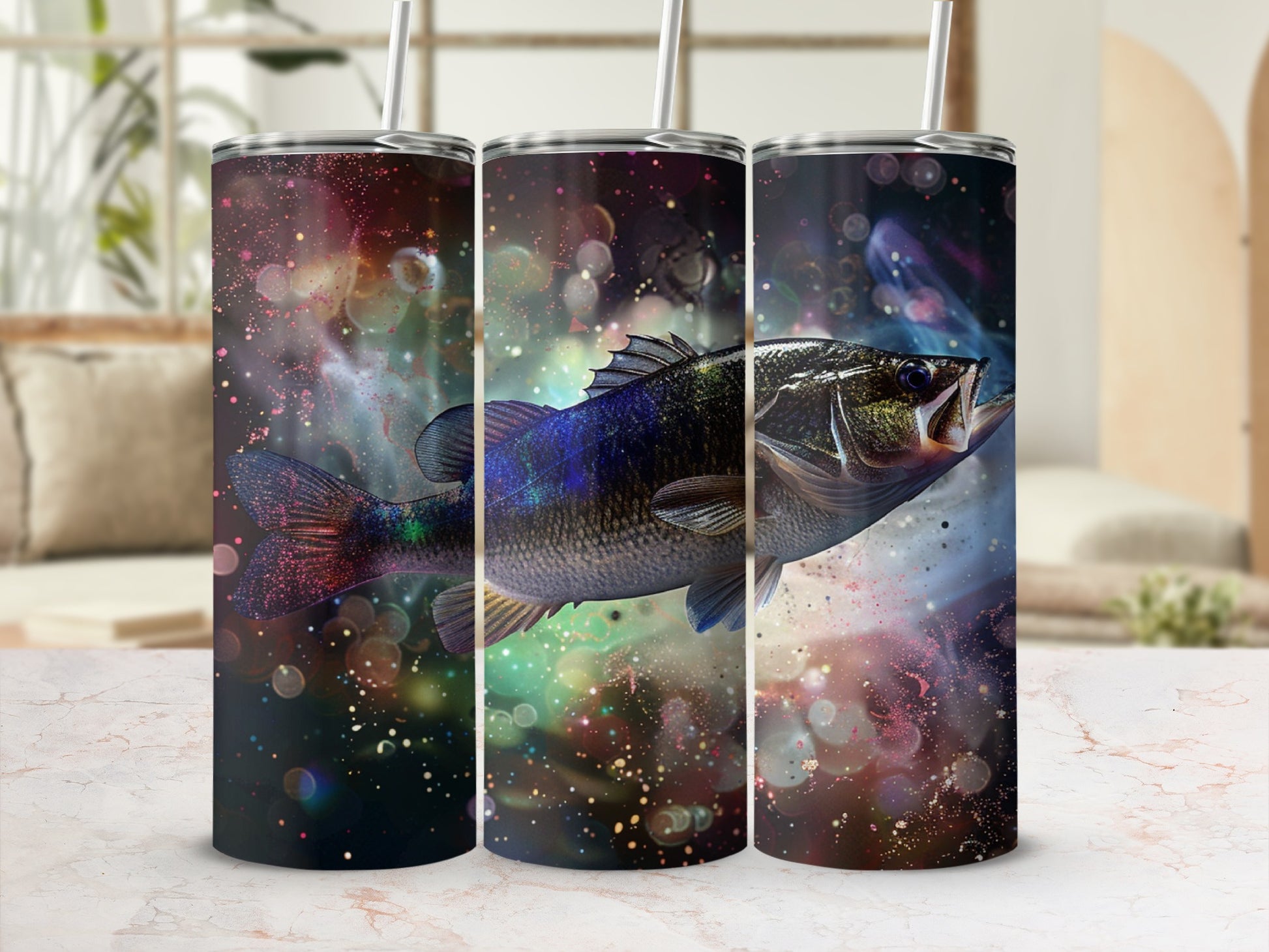 Three tumblers featuring a largemouth bass with colorful bokeh background.